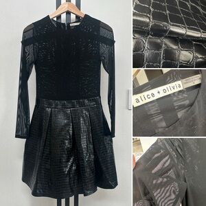 Alice + Olivia Chara Fit-and-Flare Vegan Leather Black Dress size 6